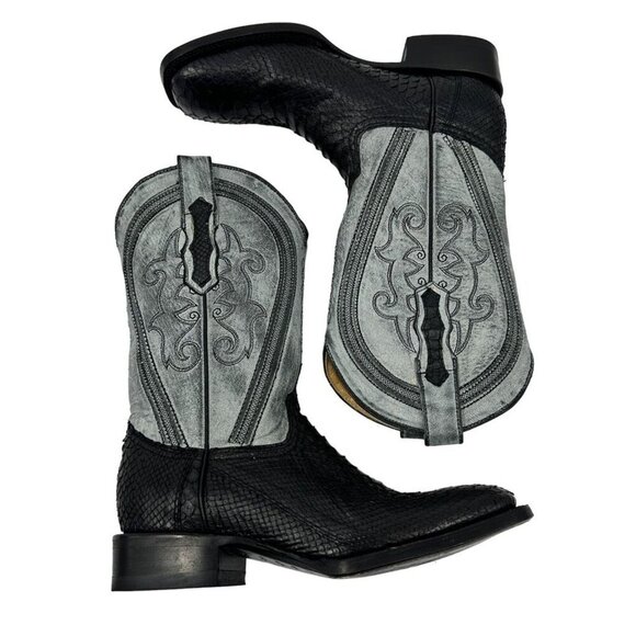 Vaccari Cowboy Western Boots Square Toe Leather Stitched Python 7 EE Wide - Picture 1 of 8
